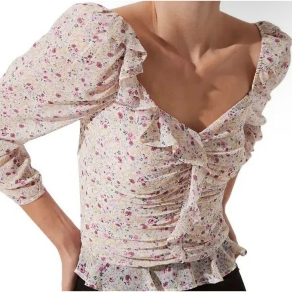 ASTR the Label M Ditsy Floral Ruched Sleeve Ivory Spring Festival Rodeo Sheer